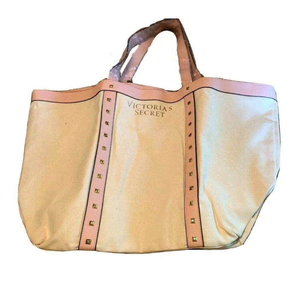 Victoria Secret Pink Studded Faux Leather White Large Tote Beach Getaway bag NEW